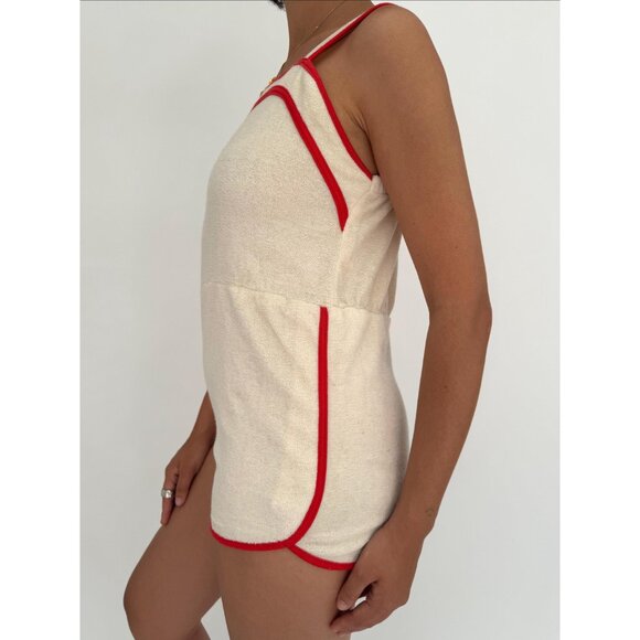 60s 70s vintage red cream ringer terry cloth mini romper shorts playsuit small - Picture 7 of 10